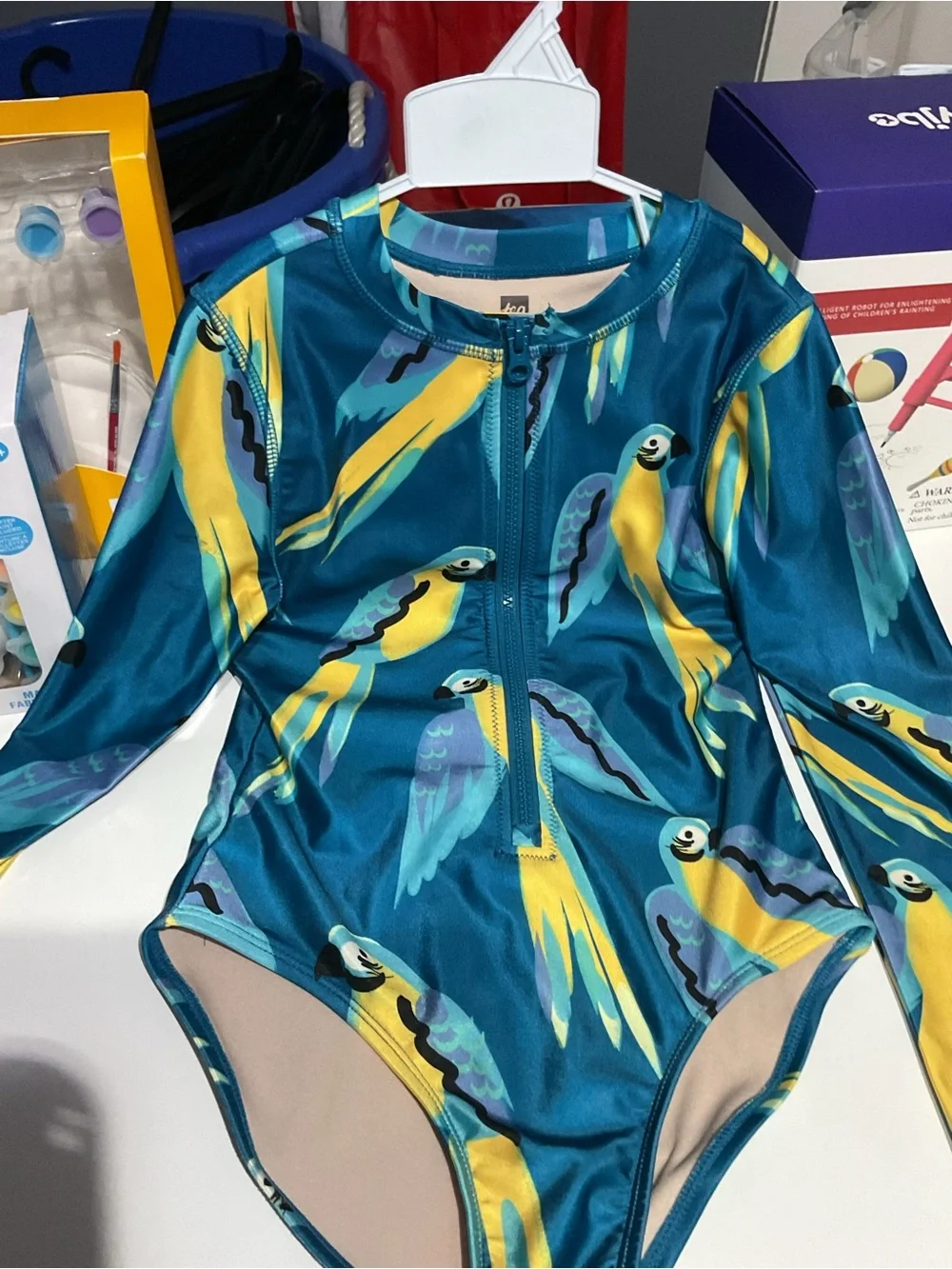 Kids Long Sleeve One-Piece Swimsuit - Pink Turtle Print Blue parrot swimsuit